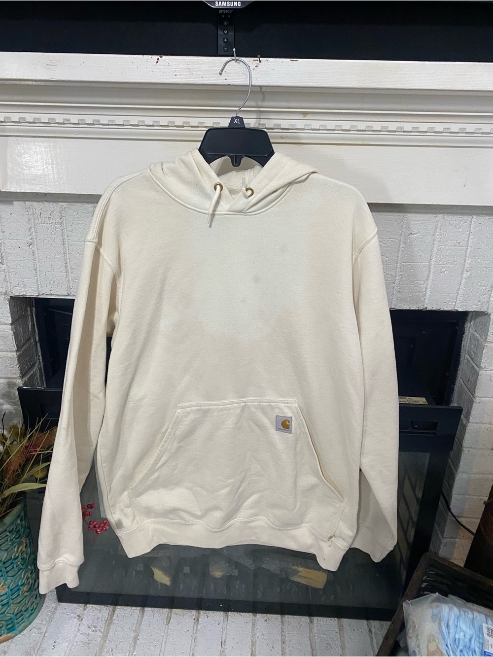 Carhartt Loose Fit Hoodie Cream/Off-White Logo Sleeve Sweatshirt Men’s Medium